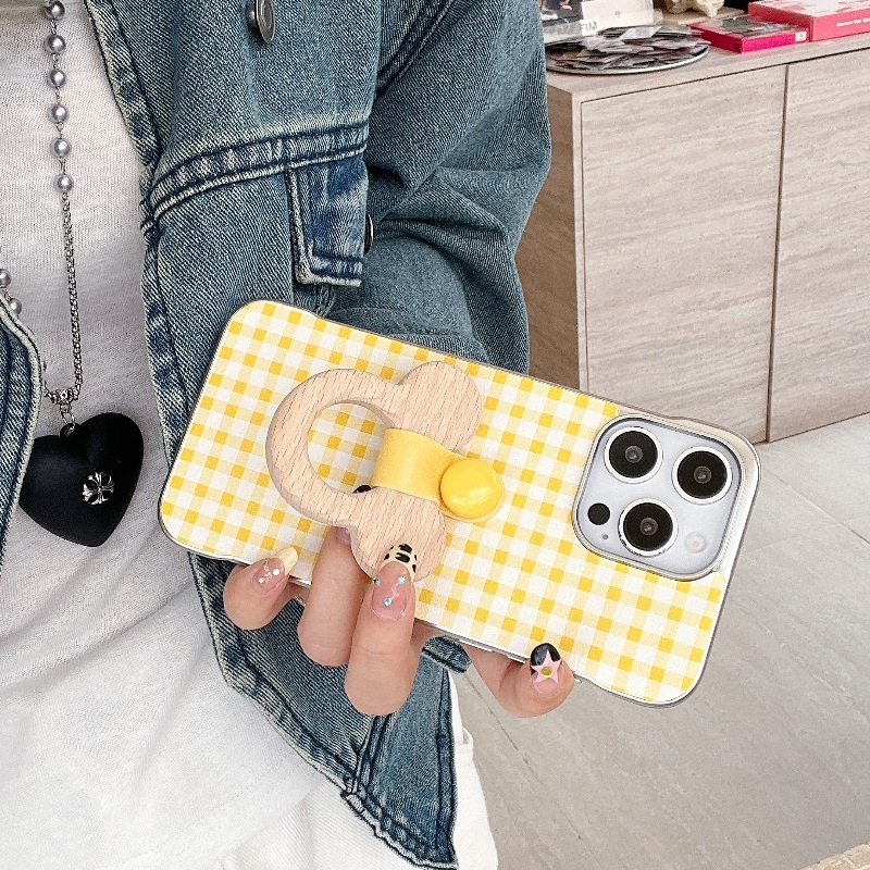 for iPhone 16 Pro Max Case Cute Aesthetic Gingham Ins Borderless Ring Wooden Horse Stand Phone Case Soft Slim TPU Shockproof Phone Cover for Women Gir