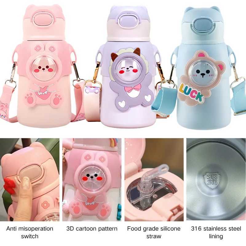 400500ML Kids Water Bottle Cartoon Dinosaur Thermos Mug Baby Duck Billed Straw 316 Stainless Steel Vacuum Flasks Thermos Bottle C251008