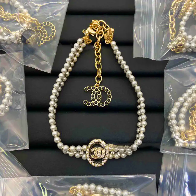 Pearl Inlaid Double C Necklace New Star Knit Clavicle Chain Grandma Style Pearlescent Choker