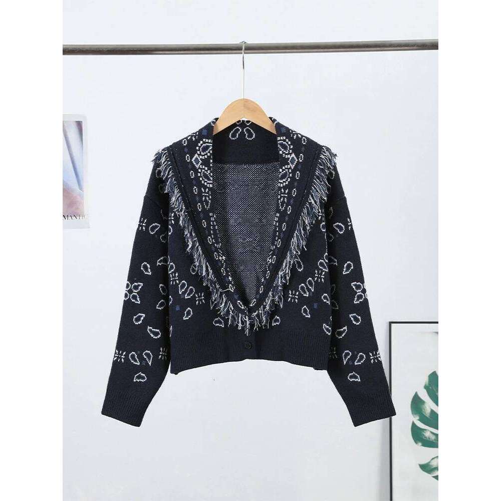 Tassel Patchwork Printed Cardigan Women Turn-down Collar Long Sleeve Knitted Fashion Lady Sweater Vintage 2025 Autumn Cardigans