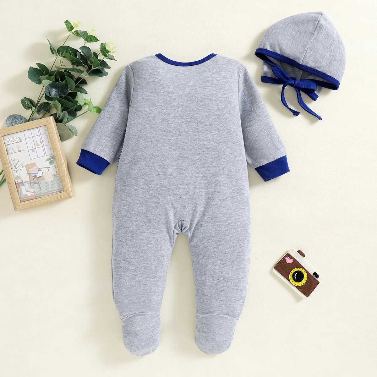 Grayblue footed onesie with elephant print hat for baby boys suitable for autumn and winter C251009