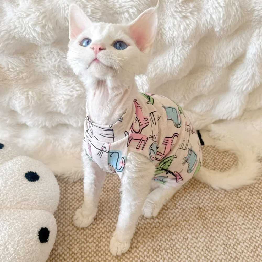 Cartoon Cat Printing Cotton Vest for Sphinx Cat in Summer Short Sleeves Tshirt for Devon Rex Light Grey Thin Coat for Devon Rex C251009