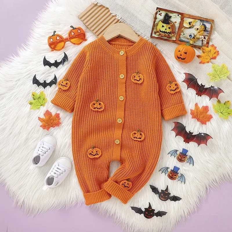2025 Halloween Baby Knitted Romper 3D Pumpkin Applique Newborn Onesie 018M Autumn Winter Toddler Jumpsuit Festival Outfit C251009