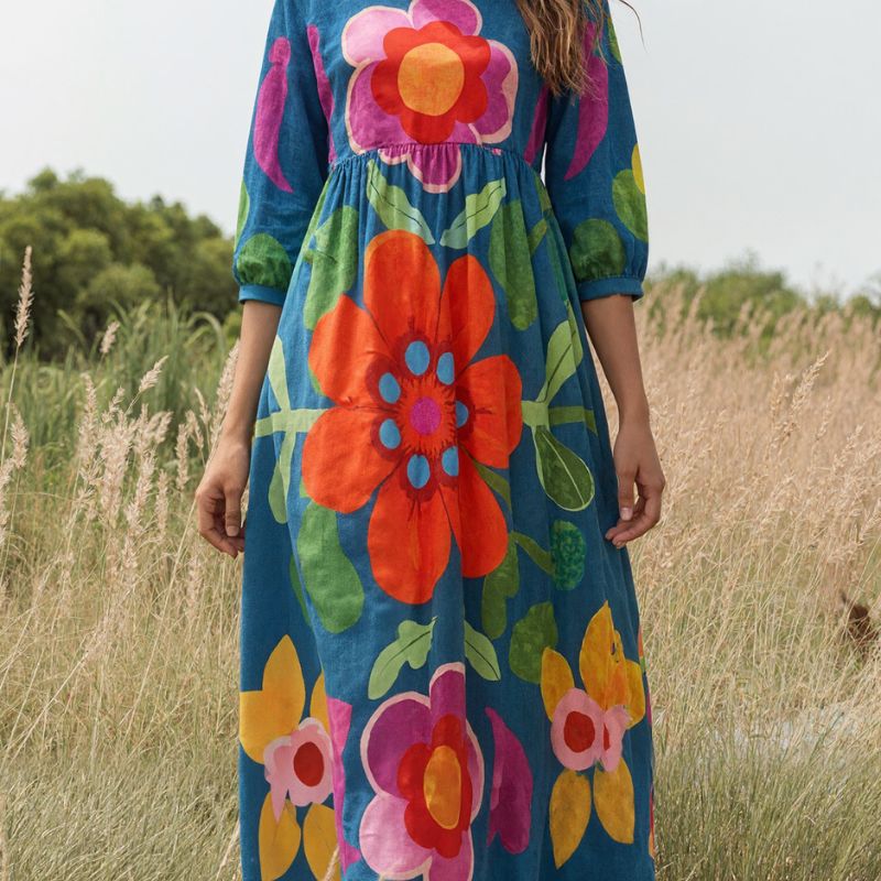 Women's Autumn New Plant Floral Print V - Neck Long Sleeve Maxi Dress - Elegant Vacation Milk Silk Dress-CF51116