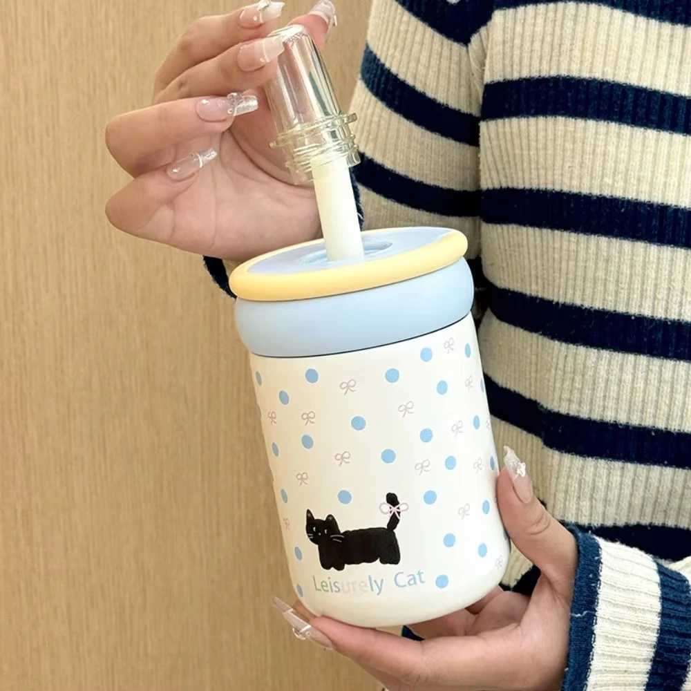 LeakProof 500ml Insulated Water Cup Cartoon Black Cat Thermos Bottle with Handle Vacuum Flask Straw Drinking Cup For Girl C251008