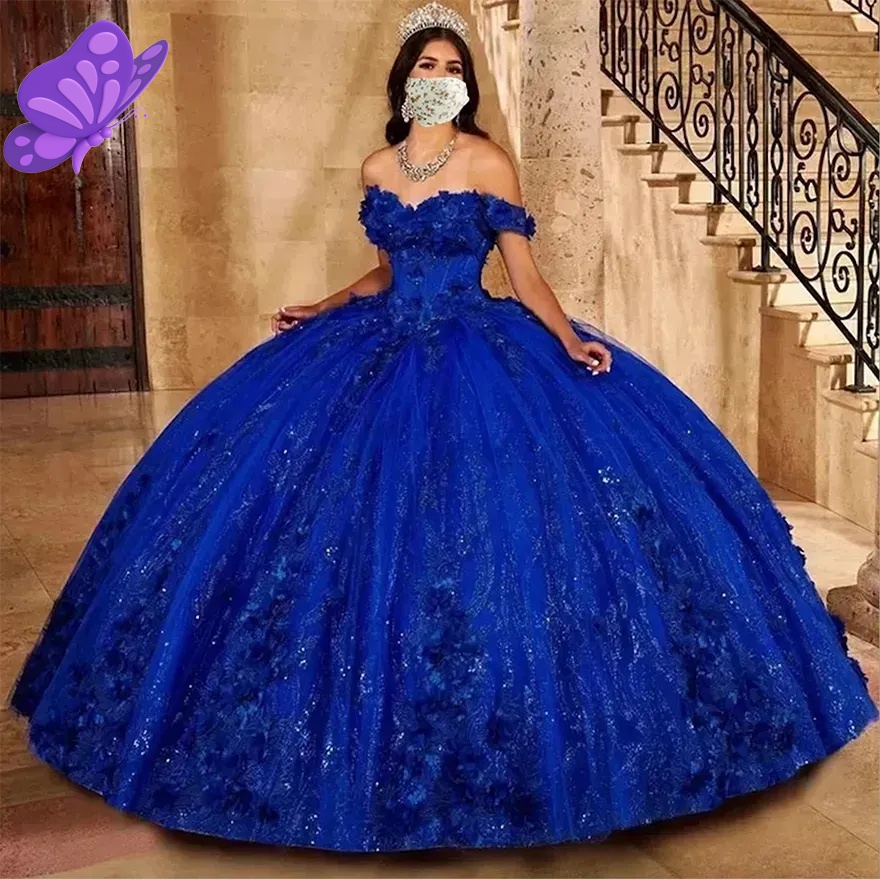 Princess Royal Blue Quinceanera Dress Off Shoulder Sweetheart Beading With 3D Flowers Ball Gown Elegant Tulle Dresses