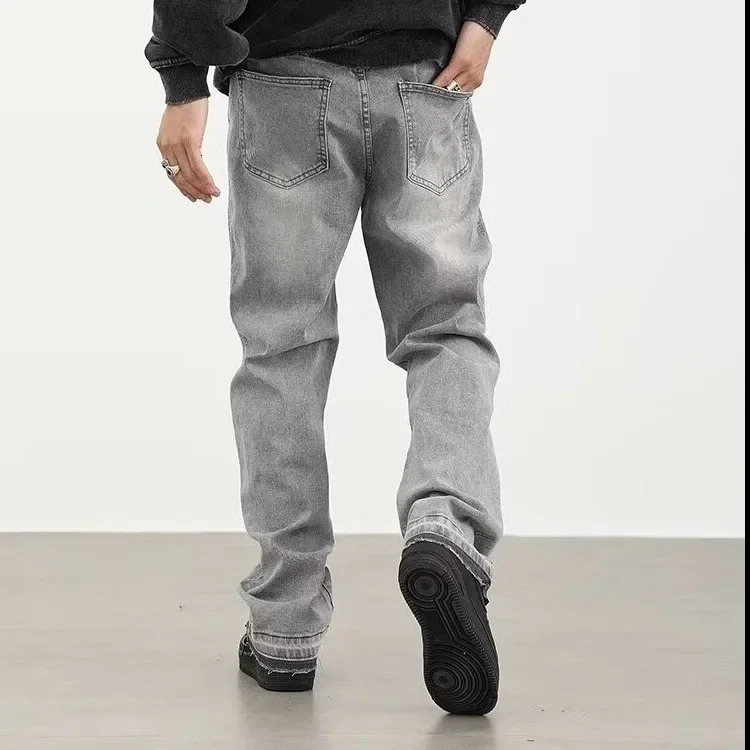 Light Grey Washed Mens Loose Straight Leg Jeans Tapered Hem Long Summer Thin American High Street Style Casual Pants 251008