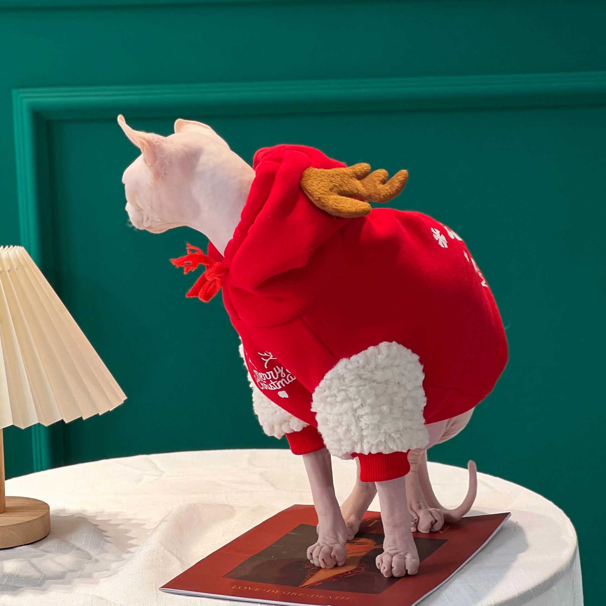 New Christmas Snow Clothes with Antler Hat for Sphynx Cat Warm Sweater for Hairless Cat Winter Coat Fleece Jacket for Devon Rex C251009