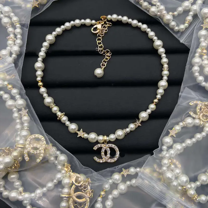 Pearl Inlaid Double C Necklace New Star Knit Clavicle Chain Grandma Style Pearlescent Choker
