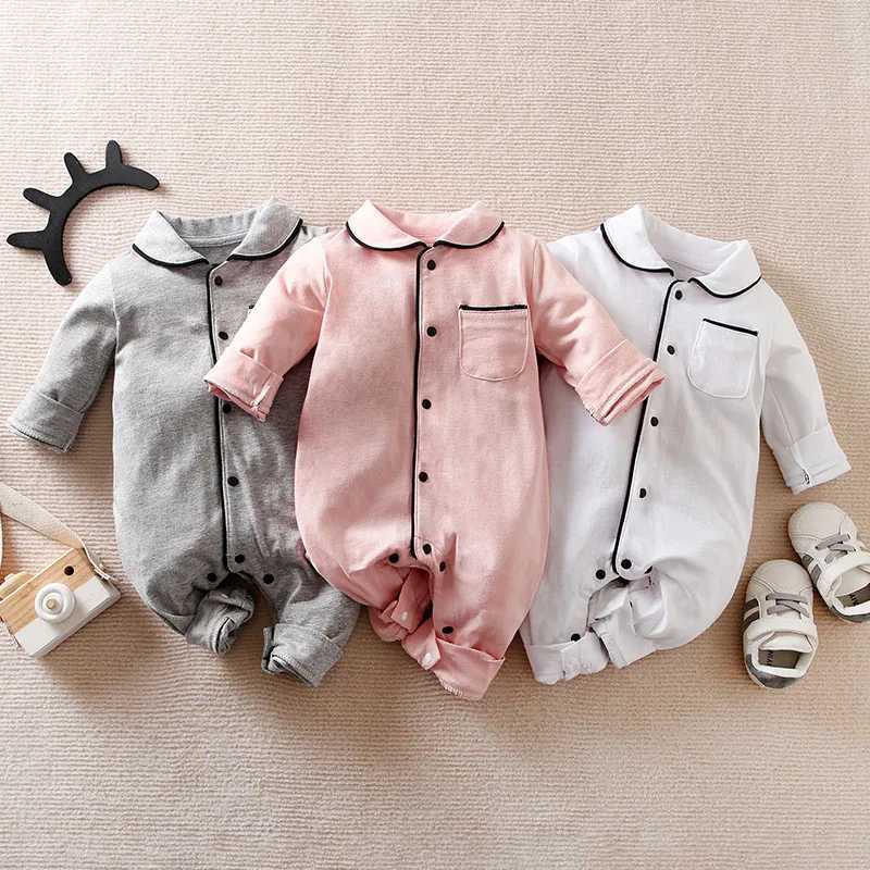 018m Newborn Clothes Solid Color Casual Pajamas Cotton Comfortable And Soft Spring And Autumn Long Sleeved Baby Bodysuit C251009