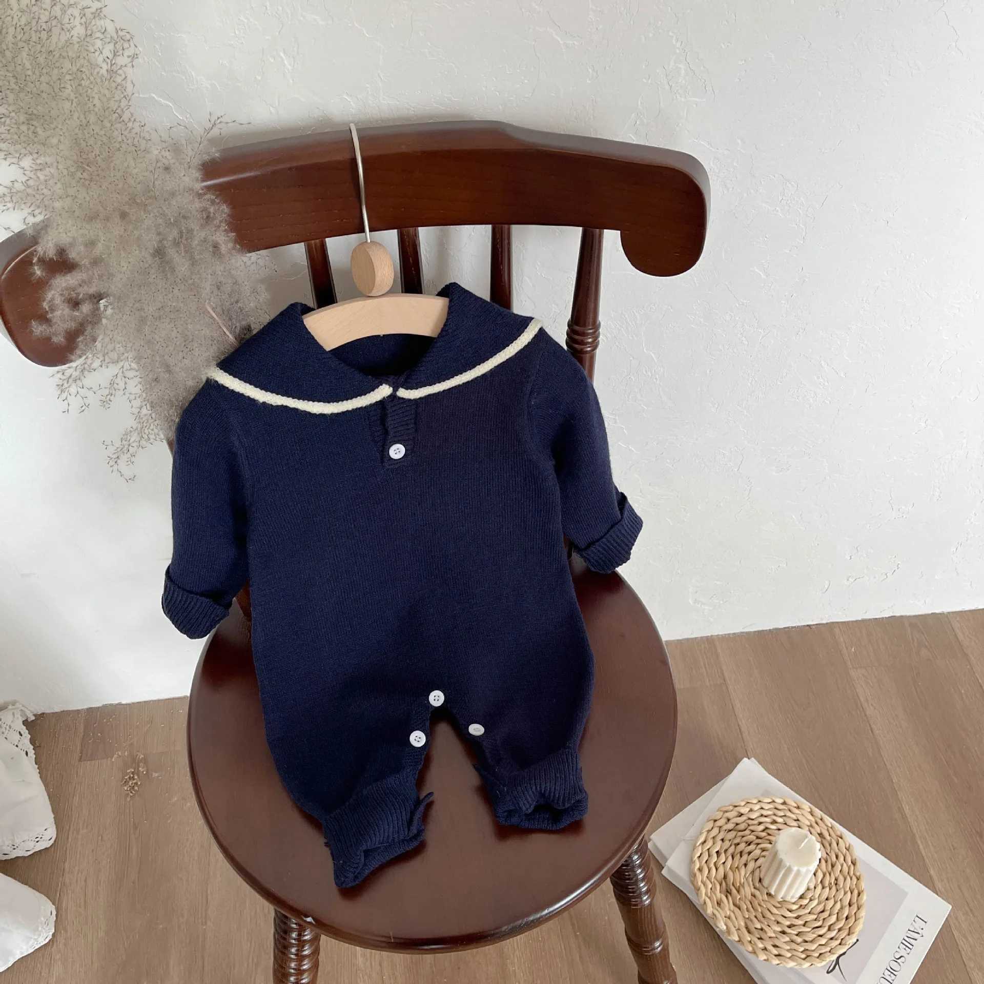 2025 Autumn New Baby Sailor Collar Long Sleeve Knitted Romper Infant Boy Girl Casual Striped Jumpsuit Newborn Toddler Clothes C251009