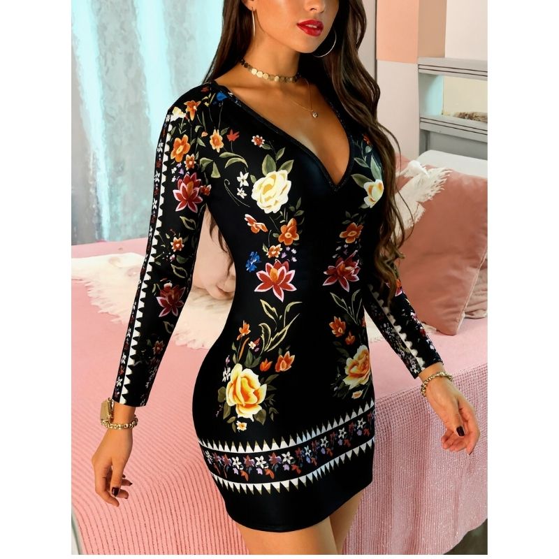 Women's Vintage Floral Print Bodycon Dress - V - Neck Long Sleeve Sexy Mature Mini Dress-CF40296