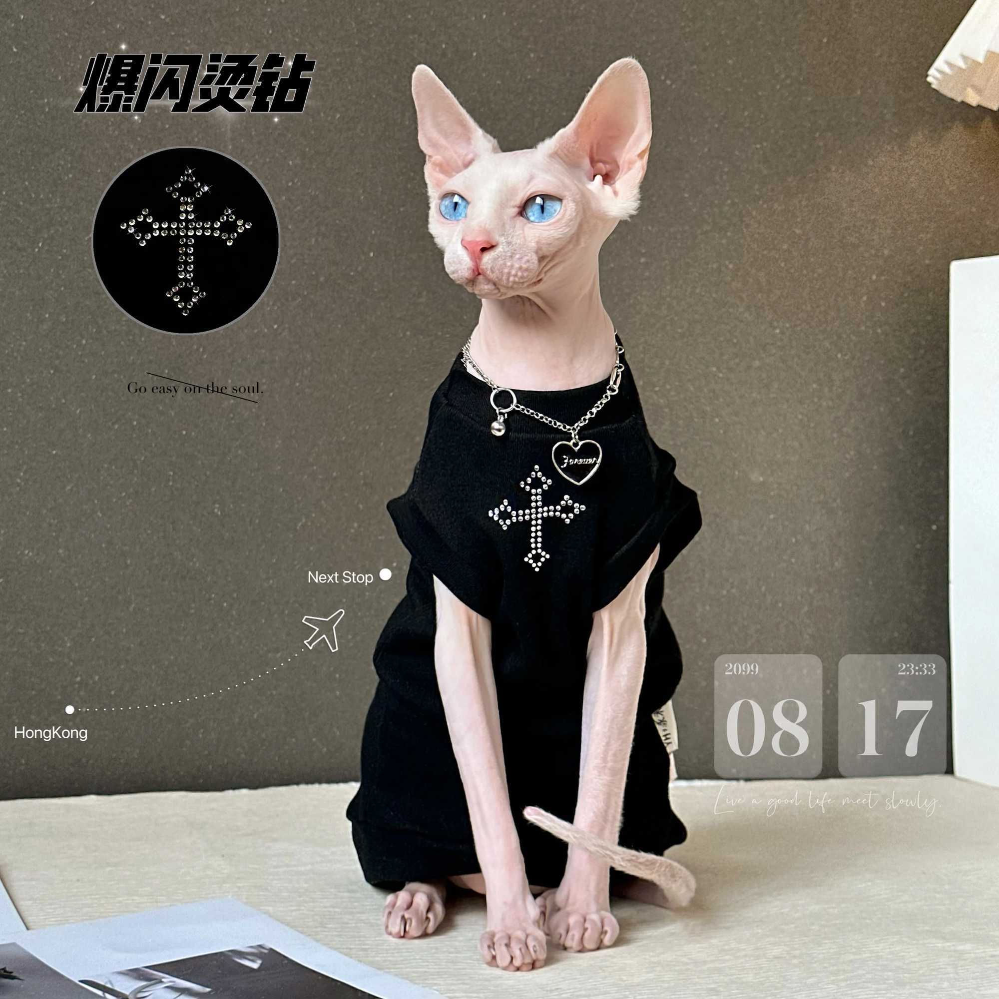 Devon Rex Cat Clothes Sparkling Diamond Studded Black Cat Vest for Summer Hairless Cat Clothes Sphynx Cat Clothes C251009