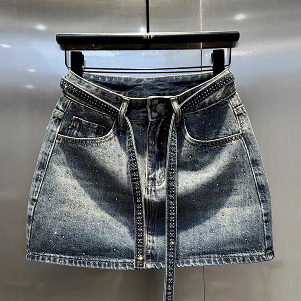 Oversize Retro Diamond Denim Mini Skirt for Women Summer High Waist Shiny Rivet Slim Skirts Gradient Black Grey Jean y250922