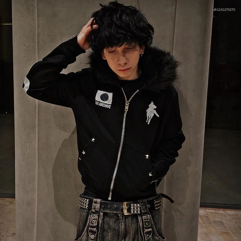 Men's Hoodies Harajuku Retro Aesthetic Unisex Hoodie Casual Zipper Cardigan Print Fur Collar Sweatshirt Punk Hip Hop Goth