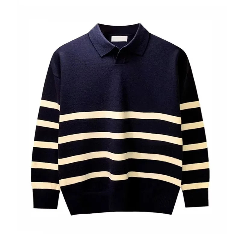 Autumn Simple Lapel Striped Sweater For Men Casual Vintage Korean Fashion Knitwear Top Y2K Loose Knitted Pullover Jumper 251009