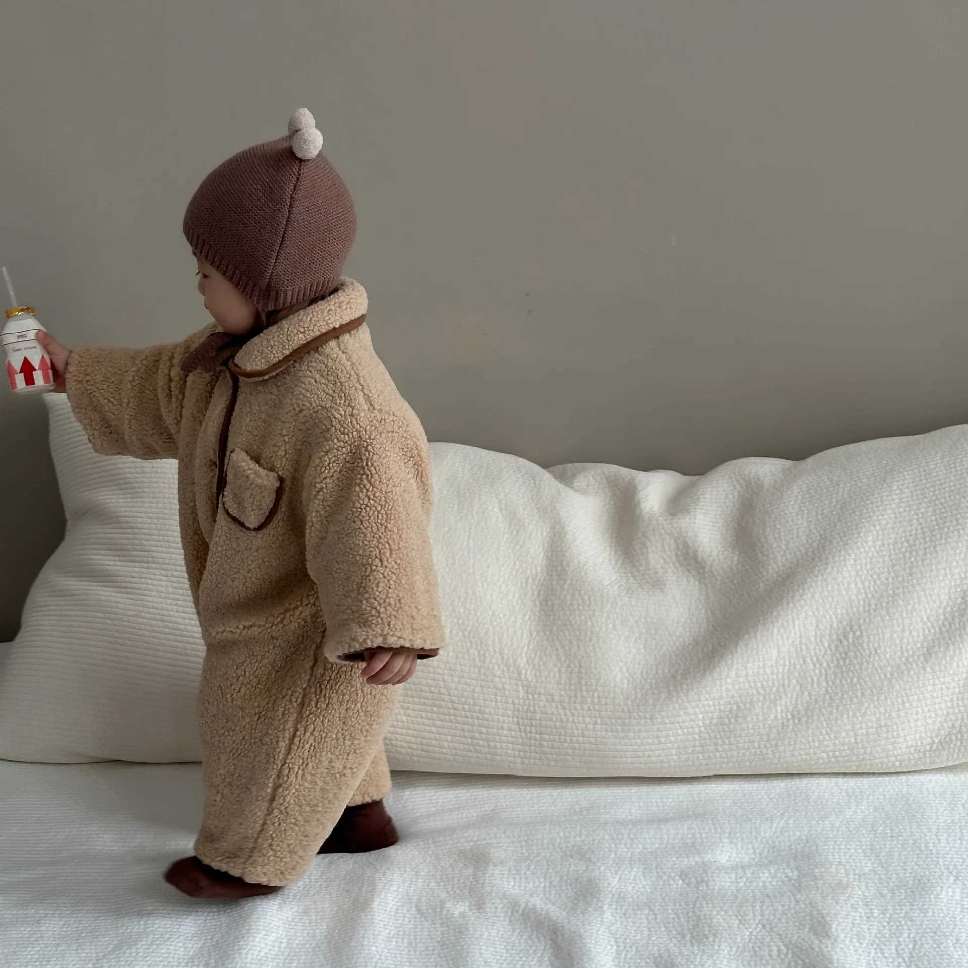 Autumn Winter Toddler Retro Cardigan Plus Velvet Lapel Romper Girl Baby Cotton Thicken Warm Onepiece Boy Infant Fleece Jumpsuit C251009