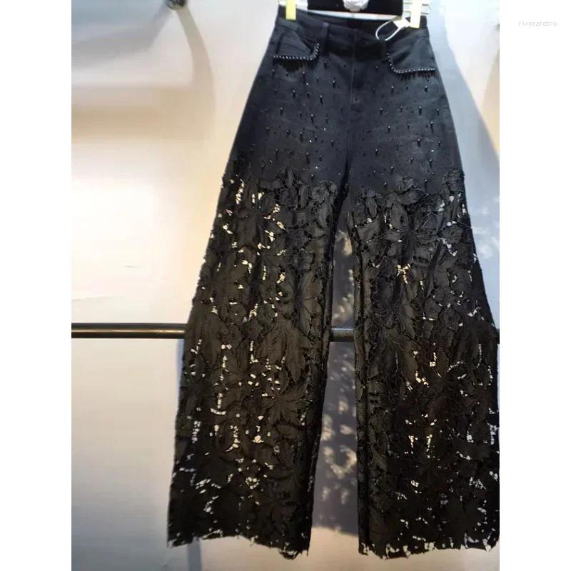 Women's Jeans Summer Denim Patchwork Hook Flower Hollow Lace Straight Leg Wide Pants Casual High Waist Heavy Embroidery Rhinestone Z260313