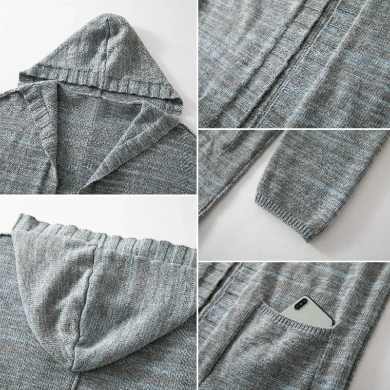 Autumn Mens Lengthen Grey Cardigan Hooded Jacket Casual Loose Premium Quality Pocket Long Sleeve Jacquarded Knitted Sweatercoat 2501008
