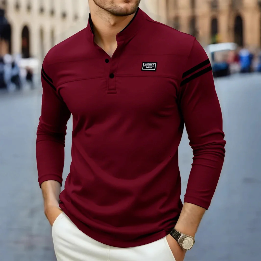 2025 Mens Casual Fashion Solid Color Long Sleeved Polo Shirt Stand Up Collar Versatile Comfortable Top251009