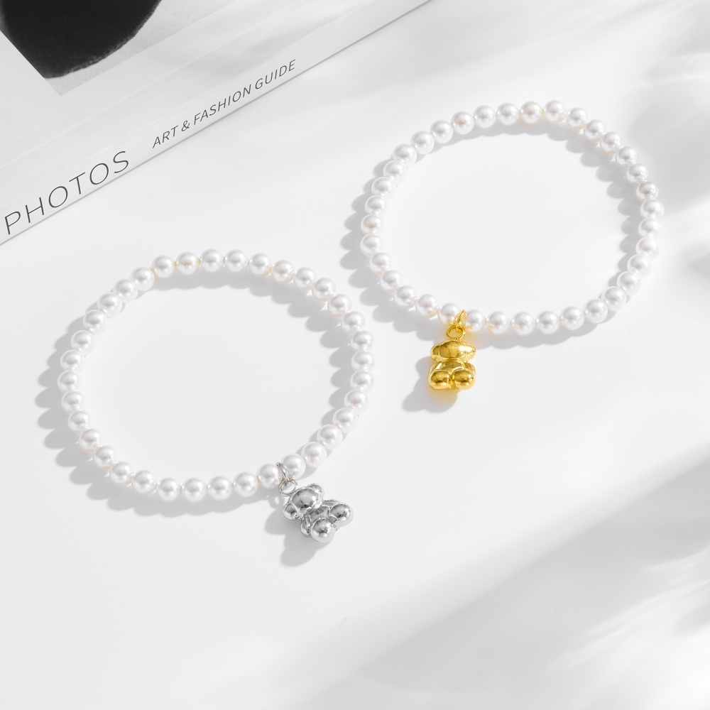 Fashion Women Men Silver Gold Bear Stainless Steel Cartoon Animal Hollow White Pearl Bead Bracelets Jewelry Pulsera Gift