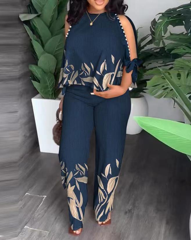 VONDA Womens Fashion Pants Set Summer Cold Shoulder Casual Loose 3/4 Sleeve Top Retro Printed Bohemian Set 241230