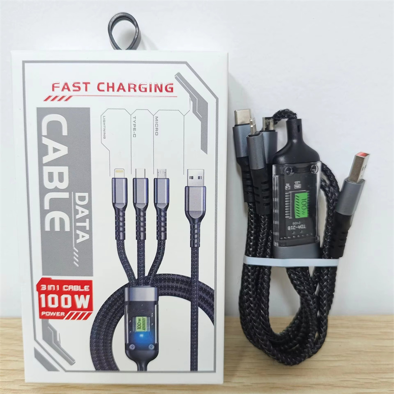 100W 3 In 1 Transparent Pilot Lamp Super Fast Charging Cable 6A Universal with Type C Usb Micro for Samsung Huawei Xiaomi IiPhone 17 16 15 14 13 12 Pr