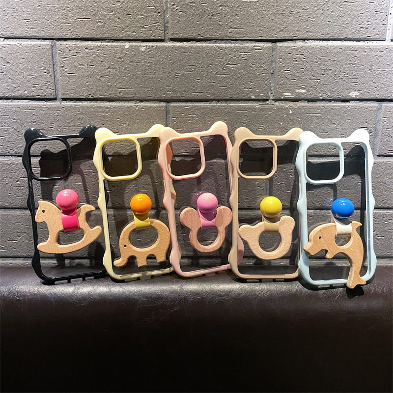 Fashion Cute Cartoon 3D Cat Ears Wooden Horse Ring Holder Clear Transparent Wavy Frame Soft TPU Case Compatible with iPhone 16 Pro Max