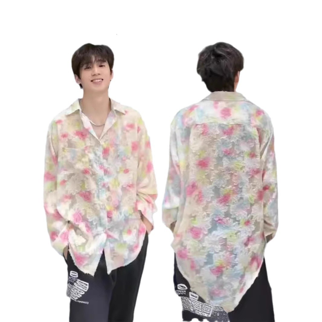 NOYMEI Embroidery Flower Hollow Out Shirt Summer Loose Casual Lapel Double Breasted Short Sleeve Elegant Mens Blouses 240816