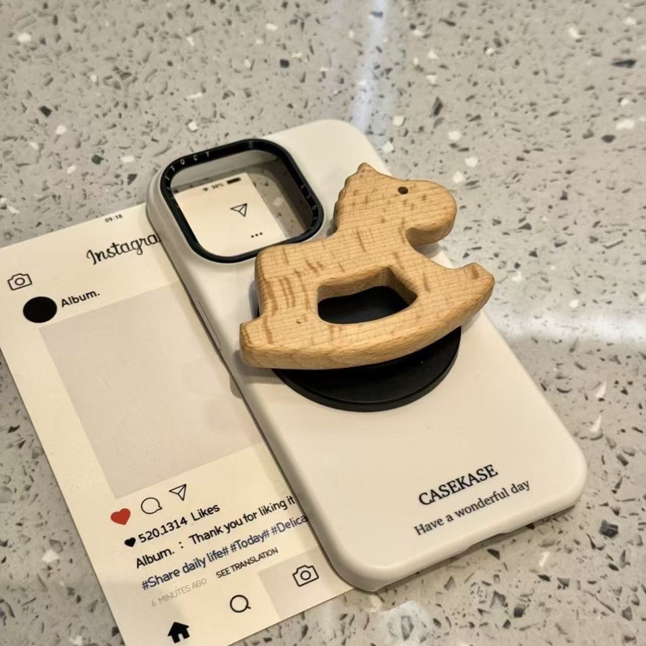 for iPhone 16 Pro Max Case, Minimalist White Background Wooden Horse Magnetic Stand Silicone Shockproof Slim Thin Phone Case for iPhone 15