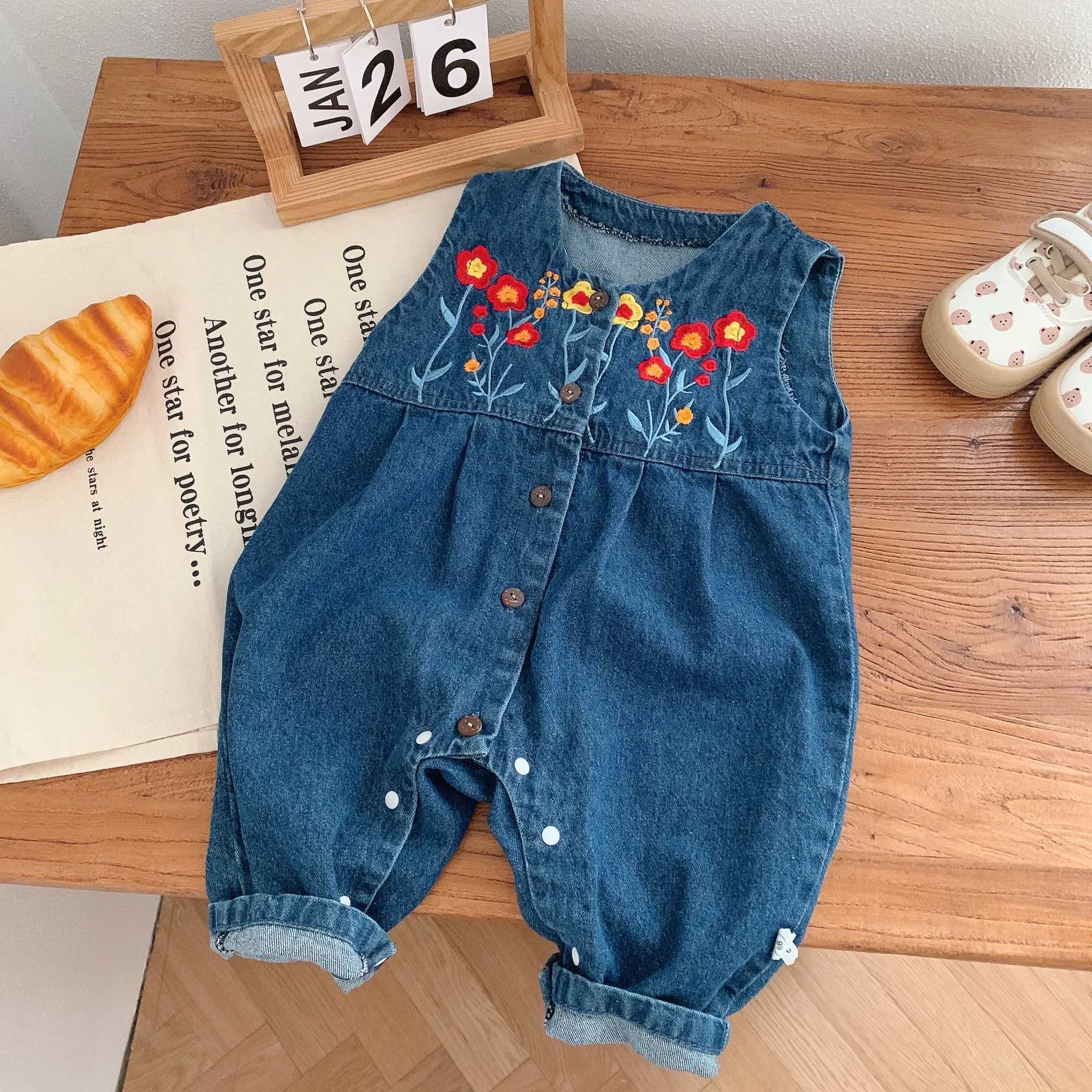 2024 Spring Autumn Infant Girls Jeans Embroidery Floral Denim Jumpsuit Cotton Sleeveless Button Romper Children Girls Outfits C251009