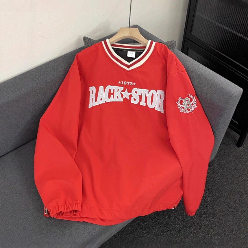 American Retro Ribbon V-neck Baseball Sweatshirt Men's Street Loose Couple Pullover Sports Designer Shirt Designer Hoodie Jersey Long Sleeve Top