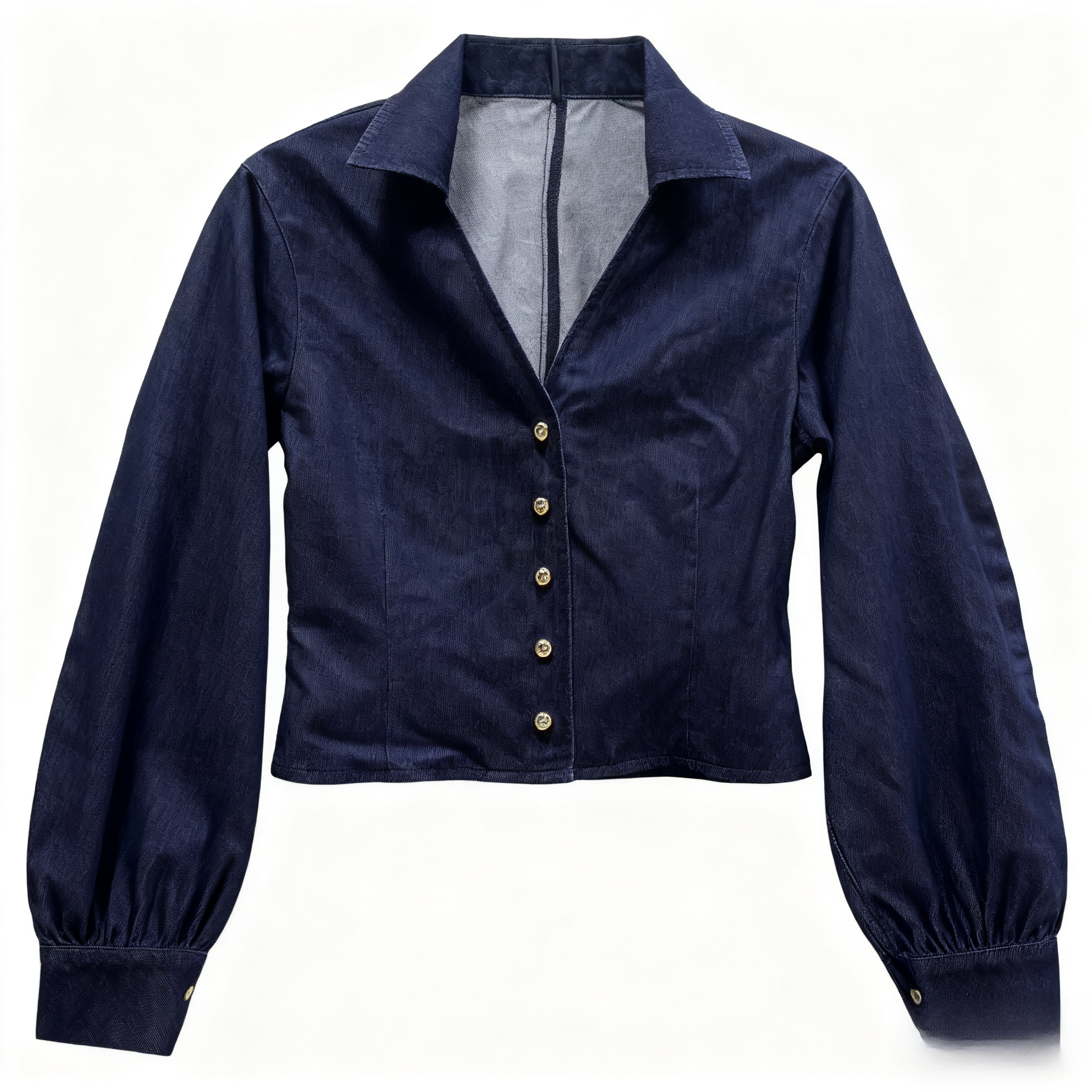 Women's Dark Blue Long - Sleeve Denim Shirt - Tight - Fitting & Leg - Lengthening Lapel Denim Top-048A