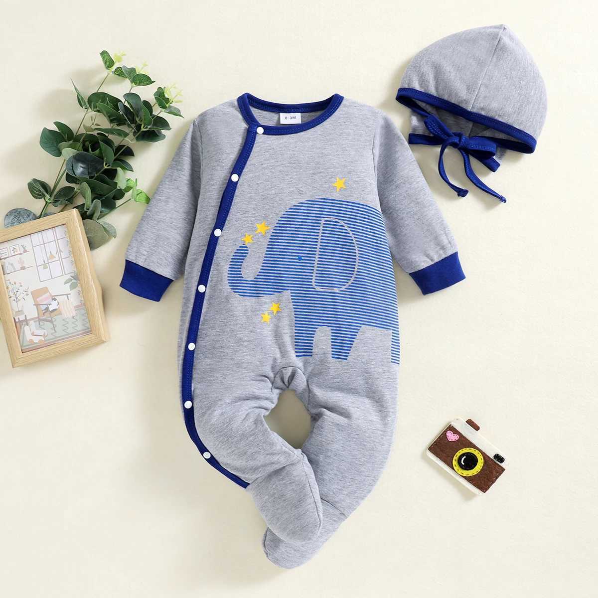 Grayblue footed onesie with elephant print hat for baby boys suitable for autumn and winter C251009