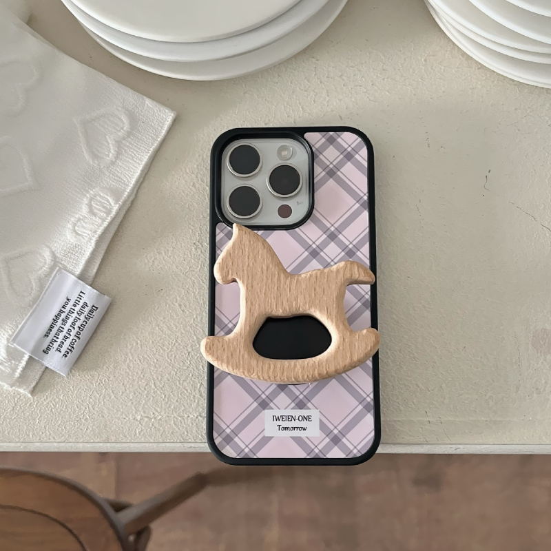 Compatible with iPhone 17 Case Cute Pink Grid Aesthetic Design Ins Style Pattern Wooden Horse Stand Shockproof TPU Hard PC Protective Cover for Girls 