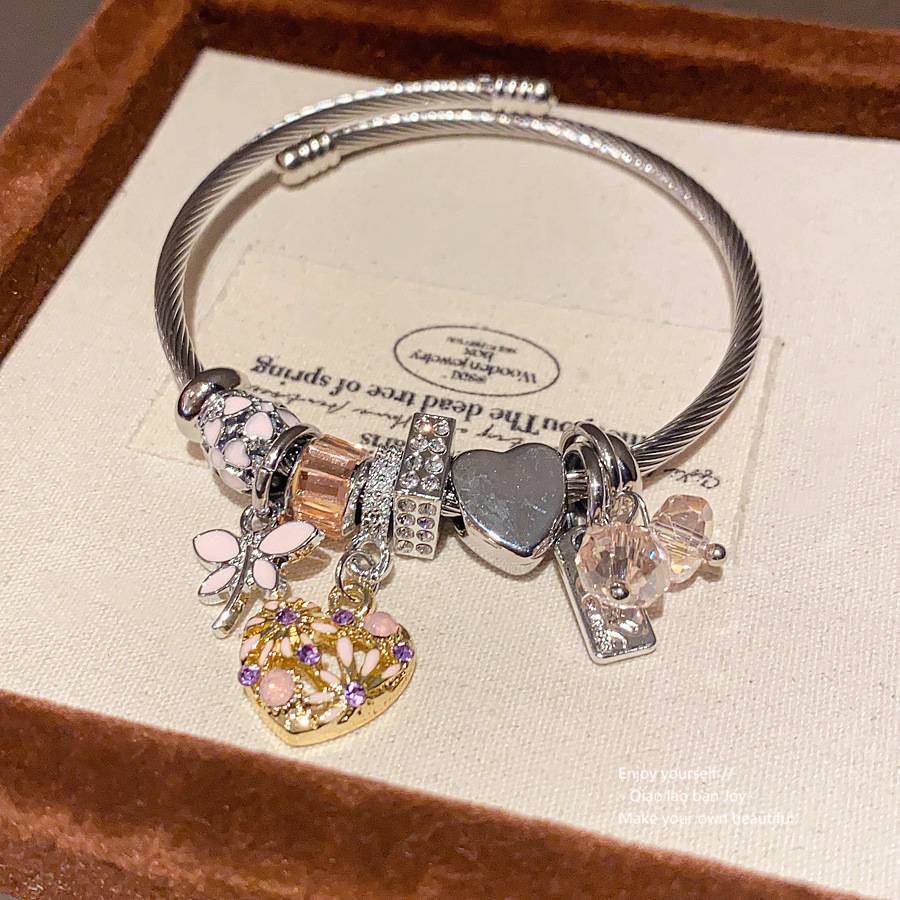 Silver - Toned Charm Bracelet With Heart - Shaped, Crystal - Encrusted And Floral - Detailed Charms Delicate Daily & Playful Jewelry Gift For Her High