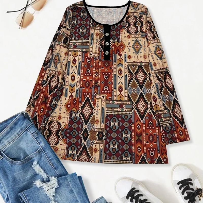 Women's Ethnic Style Geometric Print Long Sleeve Top - Vintage Coffee - Colored Milk Silk Casual Blouse-CF23350
