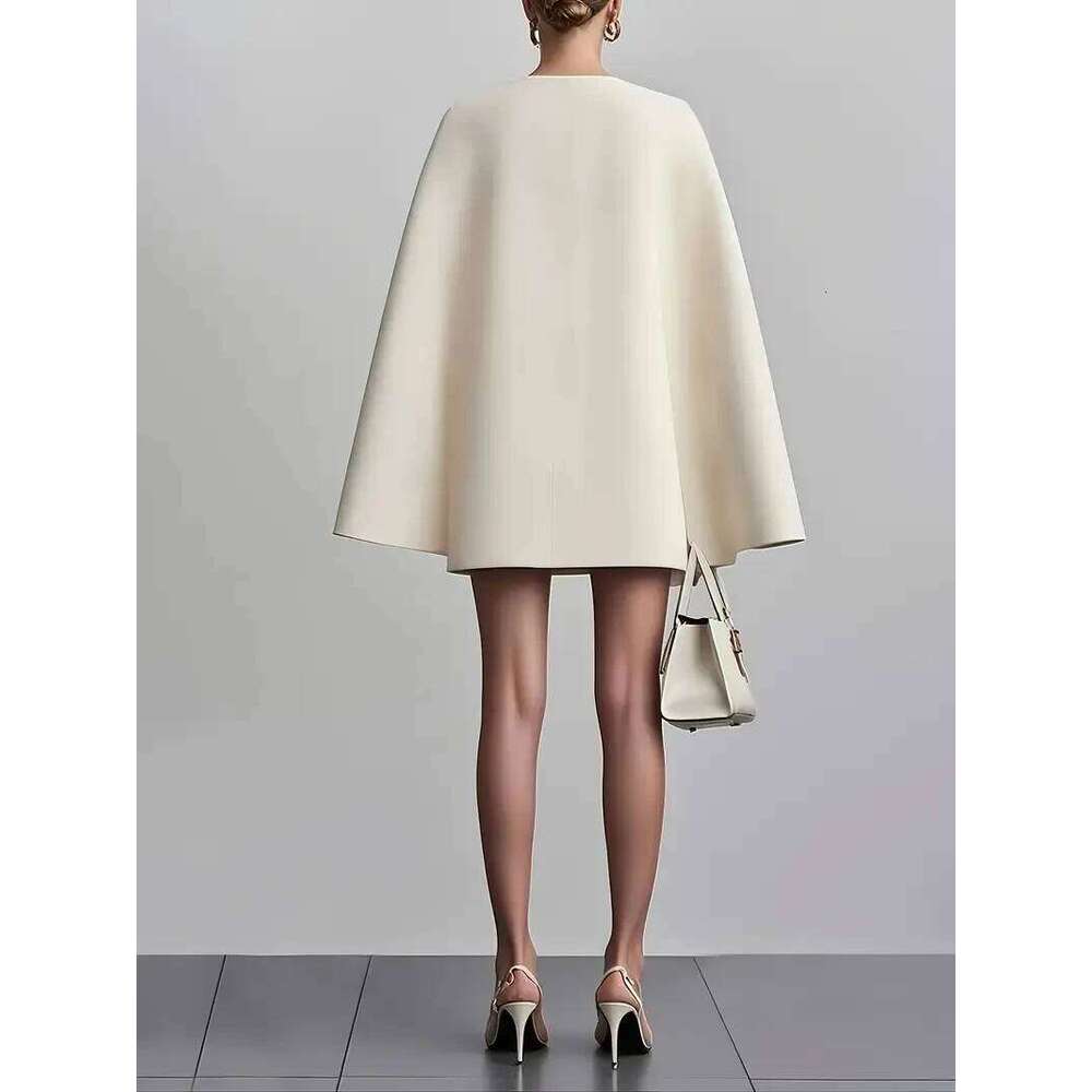 Women Fashion Commuter Solid Blazers Office Double Breasted Waist Party Elegant V-neck Shawl Cape Sleeve Midi Dress