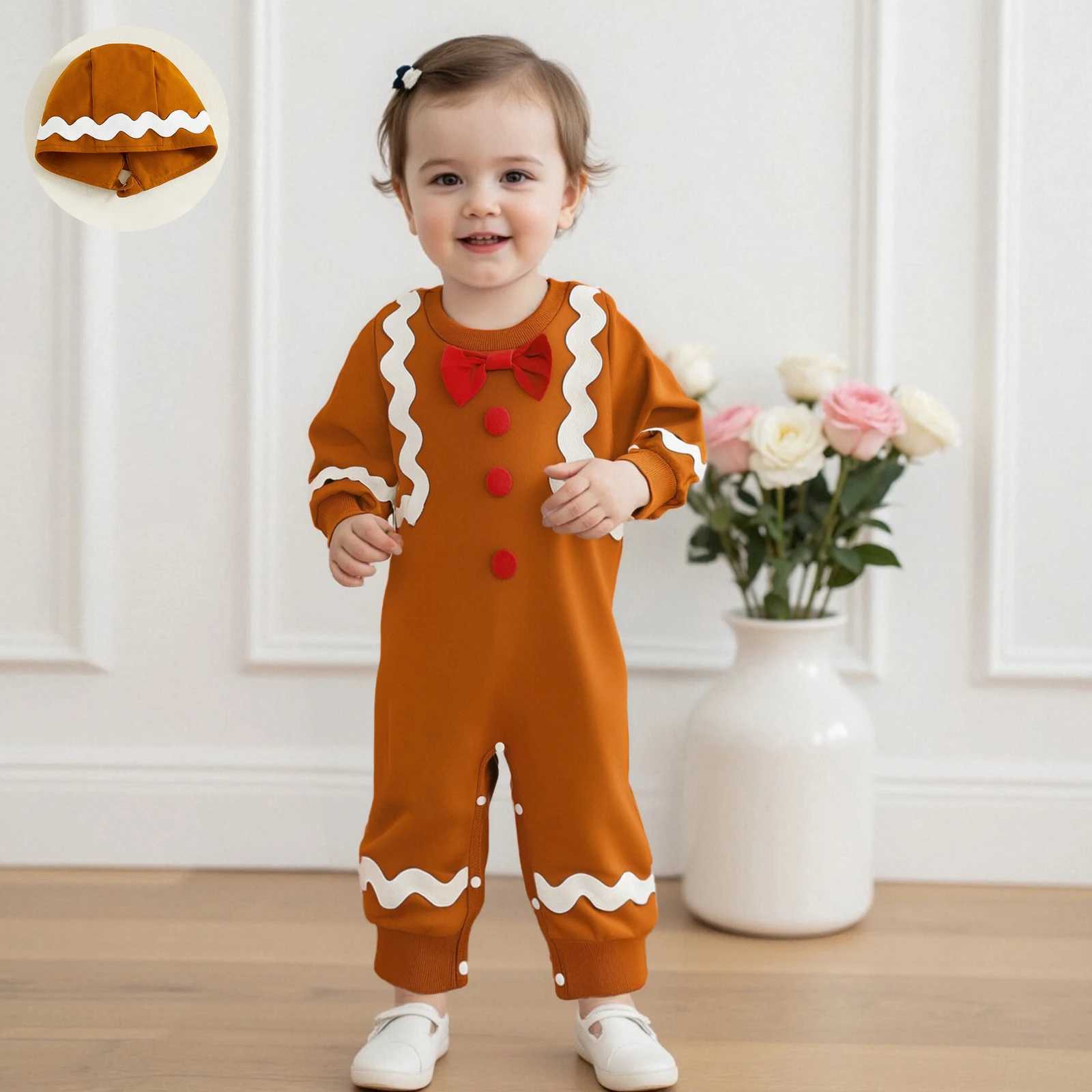 Baby Clothing Girl Christmas Button Romper Long Sleeve O Neck Gingerbread Jumpsuit with Hat Newborn Clothes C251009