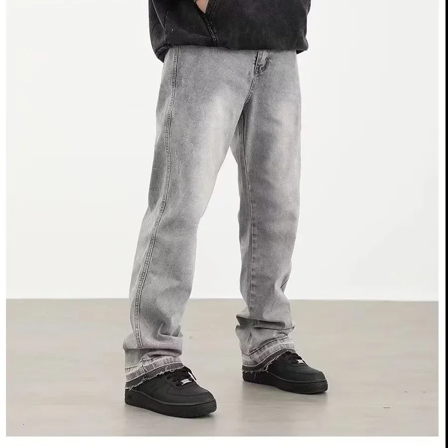 Light Grey Washed Mens Loose Straight Leg Jeans Tapered Hem Long Summer Thin American High Street Style Casual Pants 251008