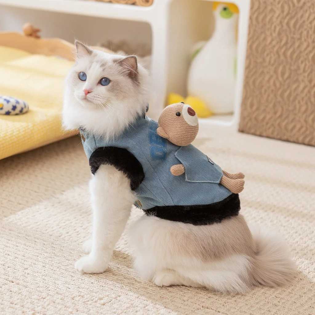 Cat autumn and winter thickened warm pocket threedimensional bear denim traction vest small dog pet clothes C251009