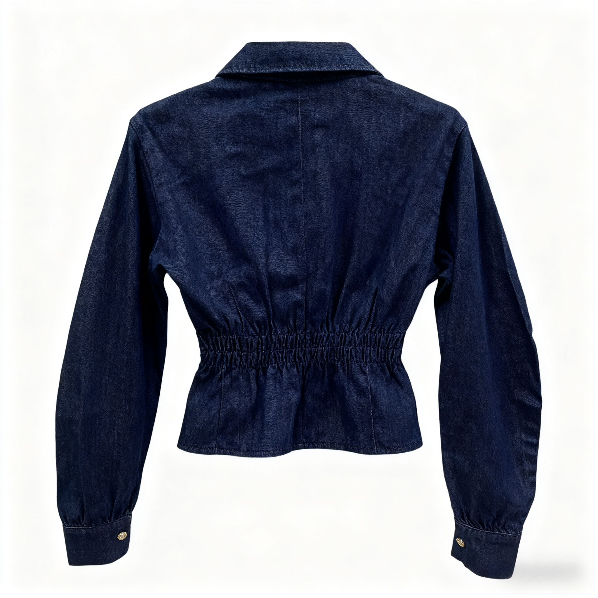 Women's Dark Blue Long - Sleeve Denim Shirt - Tight - Fitting & Leg - Lengthening Lapel Denim Top-048A