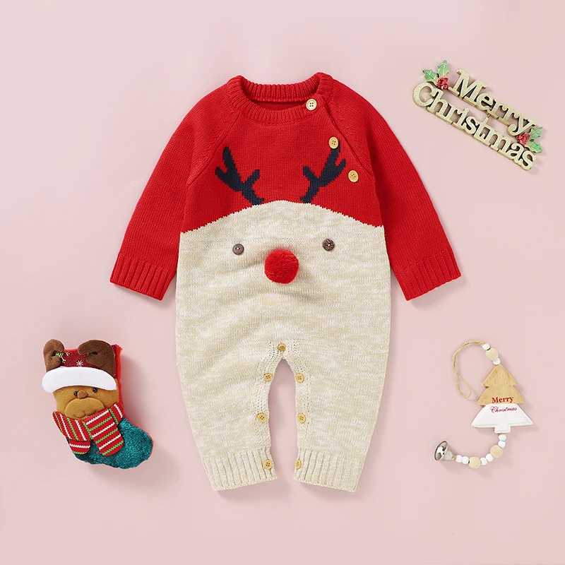 Red Christmas Knit Newborn Baby Unisex Rompers Full Sleeves Infant Boys Girls Reindeer Jumpsuits Playsuits Outfits C251009