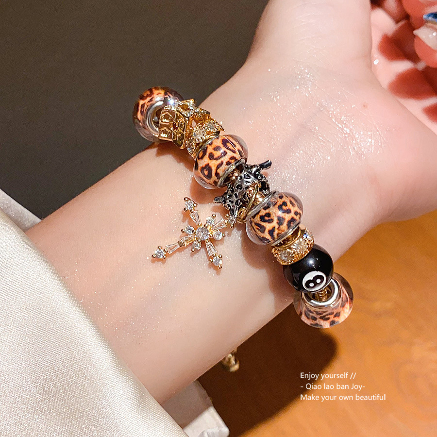 Gold - Toned Bracelet With Leopard Print Beads, Cross Pendant And Rhinestone Accents Unique Daily & Chic Jewelry Gift For Her High - Quality Stylish A