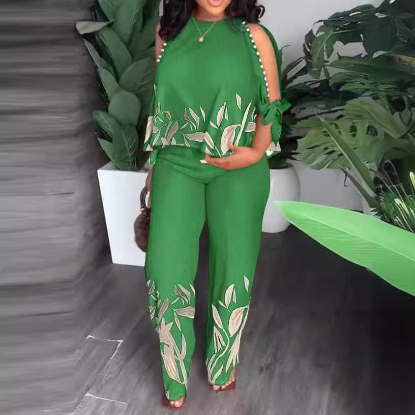 VONDA Womens Fashion Pants Set Summer Cold Shoulder Casual Loose 3/4 Sleeve Top Retro Printed Bohemian Set 241230