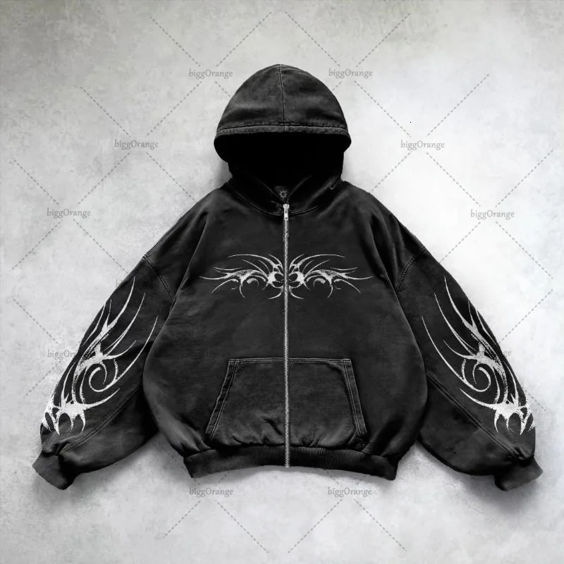 Gothic Punk Graphic Print Oversized Sweatshirt High Street Harajuku Y2K Streetwear Jacket Men Hip Hop Retro Casual Zipper Hoodie 251009