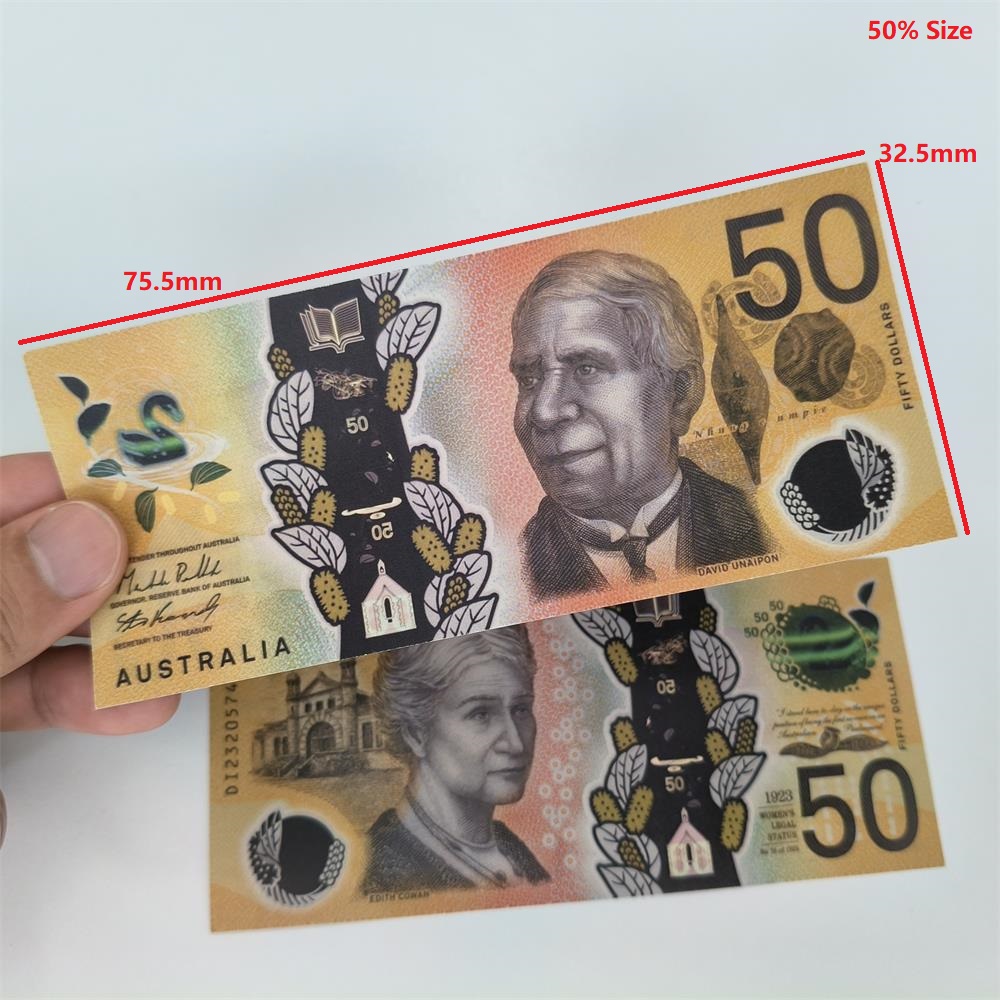 3A Best Realistic Paper Prop Money Australian Dollar 5 10 20 50 100 AUD Banknotes NZD Dollar Copy Fake Money USD Movie Game Props For Kids Teaching 75.5*32.5mm 50% Size