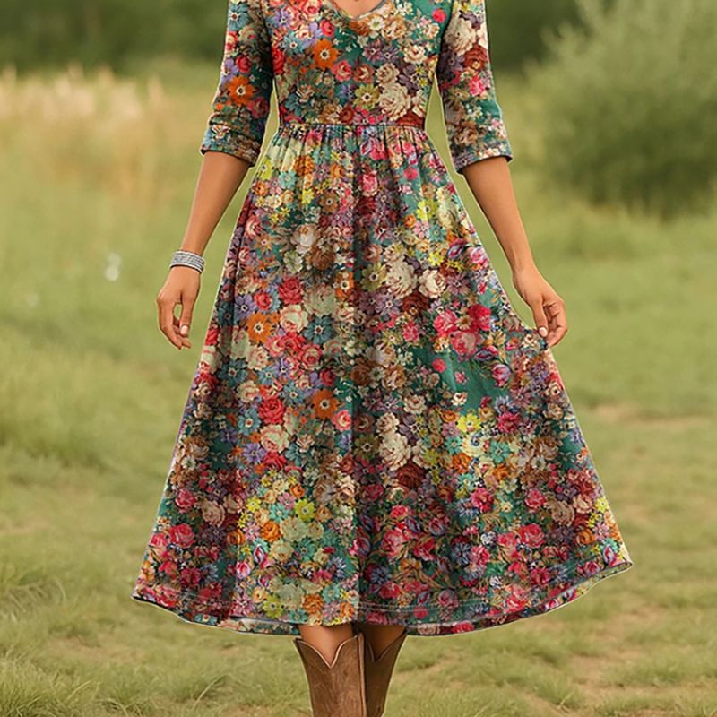 Women's Autumn Winter Fashion Floral Print Long Sleeve Dress - Elegant Versatile Waist - cinching V - Neck Midi Dress-CF51172