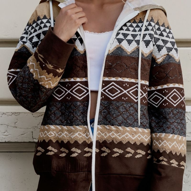 Women's Autumn Winter Ethnic Geometric Print Zip - Up Hooded Jacket - Casual Fashion Outerwear-CF24589