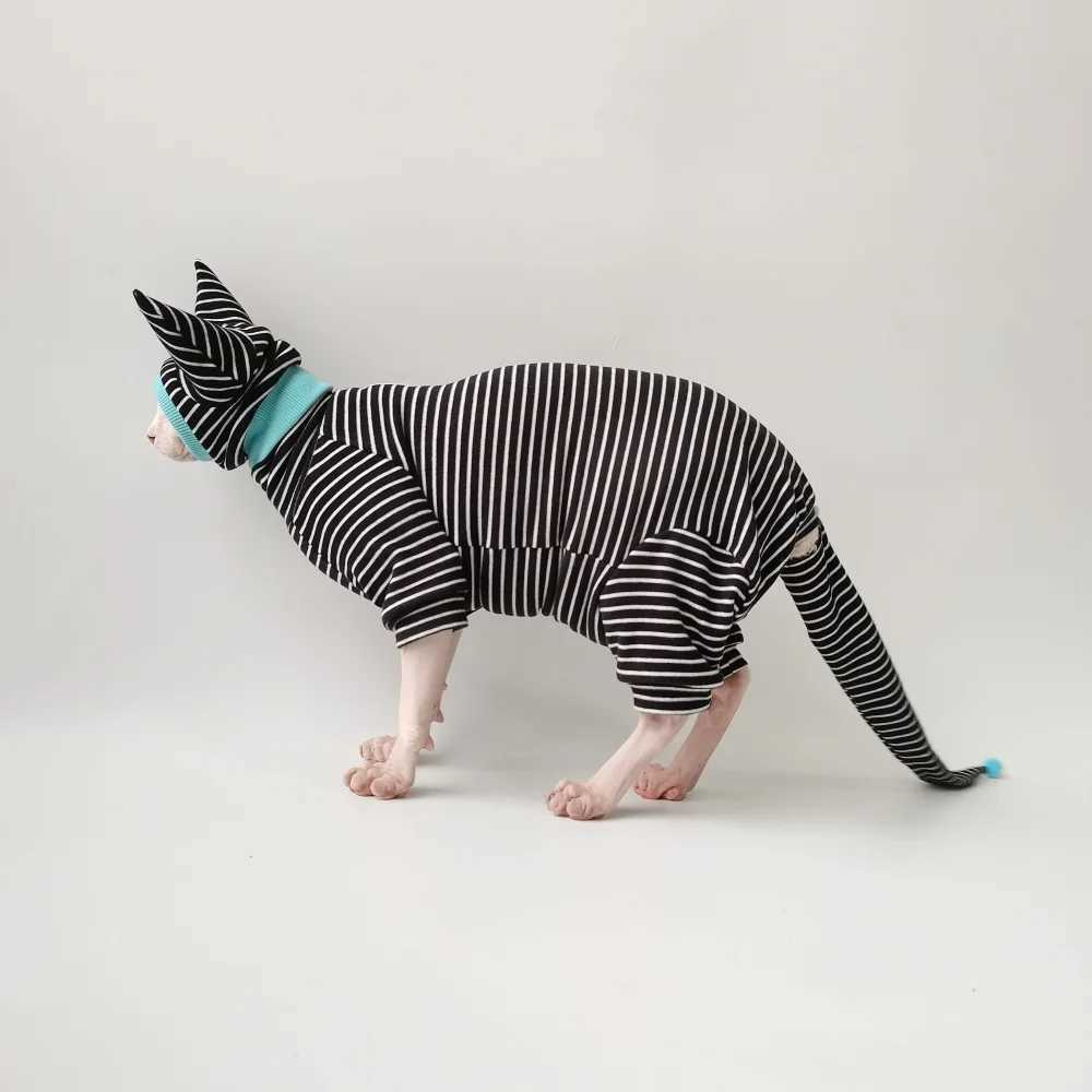 Four Legged Striped Shirt Hat Tail Cover Suit for Sphynx Cat Spring Black Sweatshirt for Kittens Hairless Warm Autumn Costumes C251009